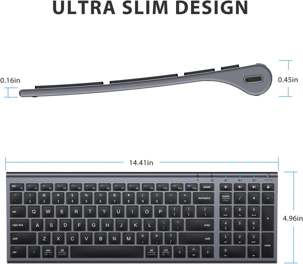 iClever BK10 Bluetooth Keyboard, Wireless Rechargeable Ultra-Slim Keyboard with Long Battery Life, Compatible with iOS, Android, Windows, Mac for iPad, Tablet, Laptop, PC, Phone (Gray Black)