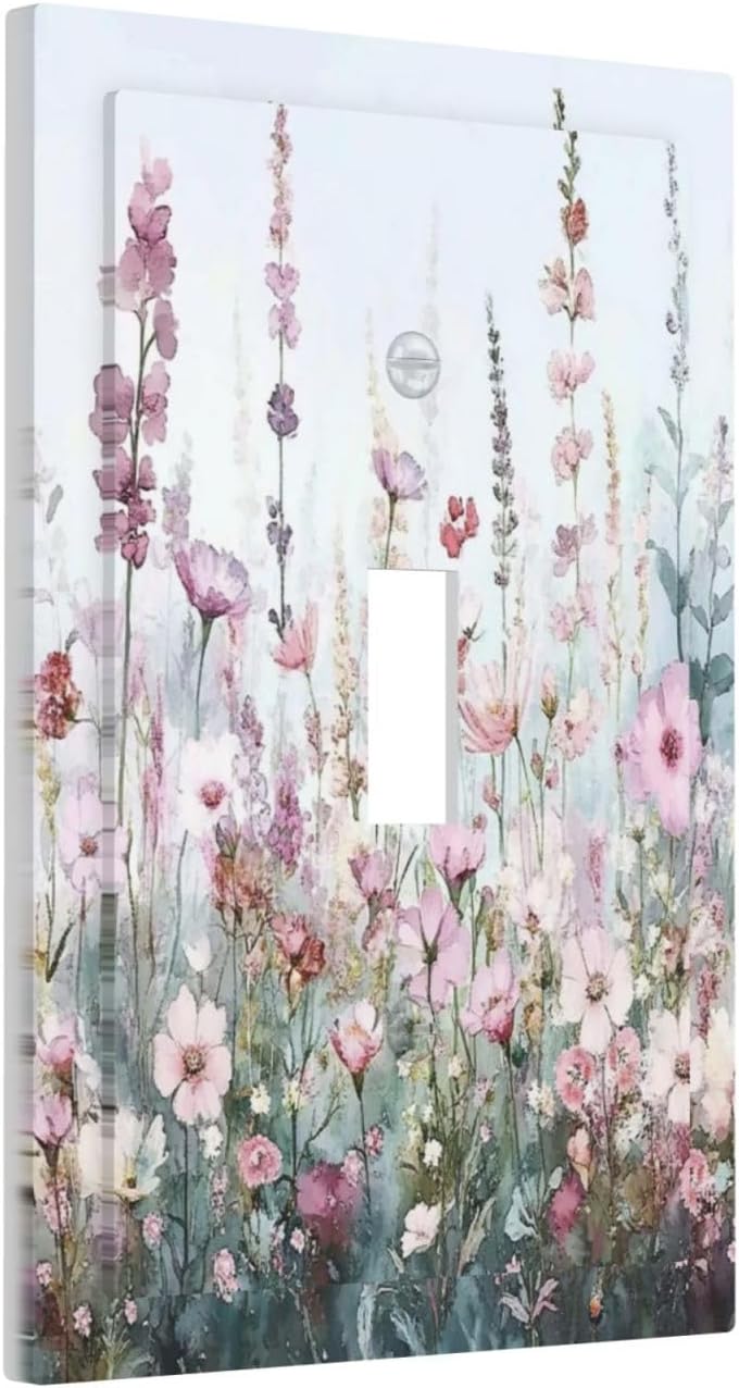 Pink Floral Watercolor Botanical Wildflowers Decorative Light Switch Cover 1 Gang Single Toggle Device Electrical Faceplate Switchplates Decorator Outlet Wall Plate For Bed Room Living Room Decor