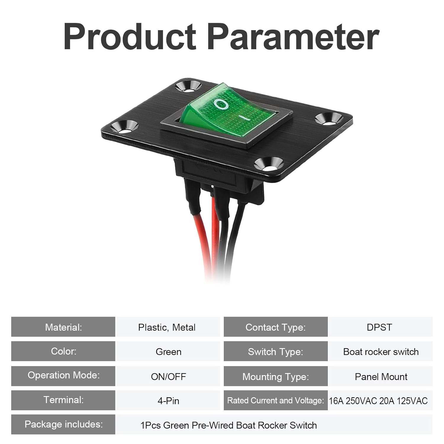1Pcs Green LED KCD4 Boat Rocker Switch 2-Position 4-Pin Pre-Wired DPST Panel Switch 16A 250VAC 20A 125VAC, CE