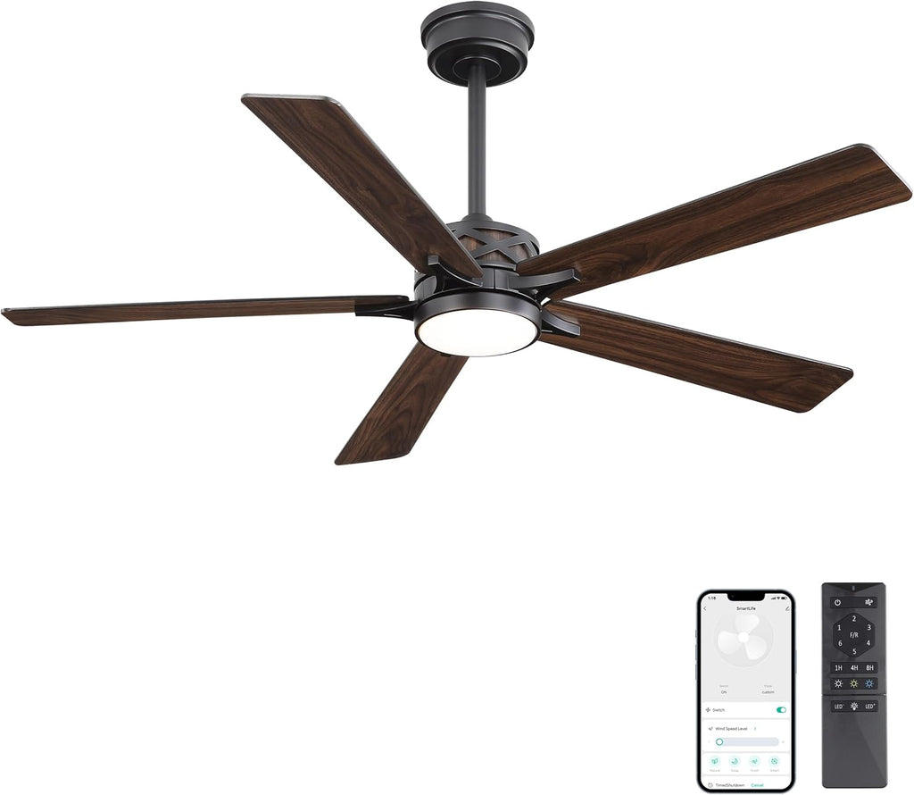 WINGBO 52" Smart Ceiling Fan with Lights, Black/Walnut Blades, 6 Speeds Reversible DC Motor, Works with Alexa and Google Assistant, 3CCT Dimmable LED Ceiling Fan for Bedroom Living Room, Black Finish
