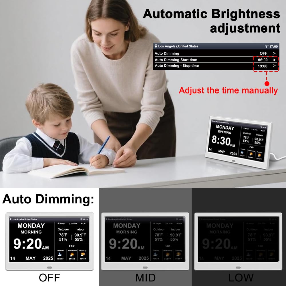 2025 Digital Clock with Auto Time Sync, Weather Forecast, Perpetual Calendar, Photo Frame, Temperature/Humidity Sensor & Custom Alarms - Large Display (White, 10.1 inch)