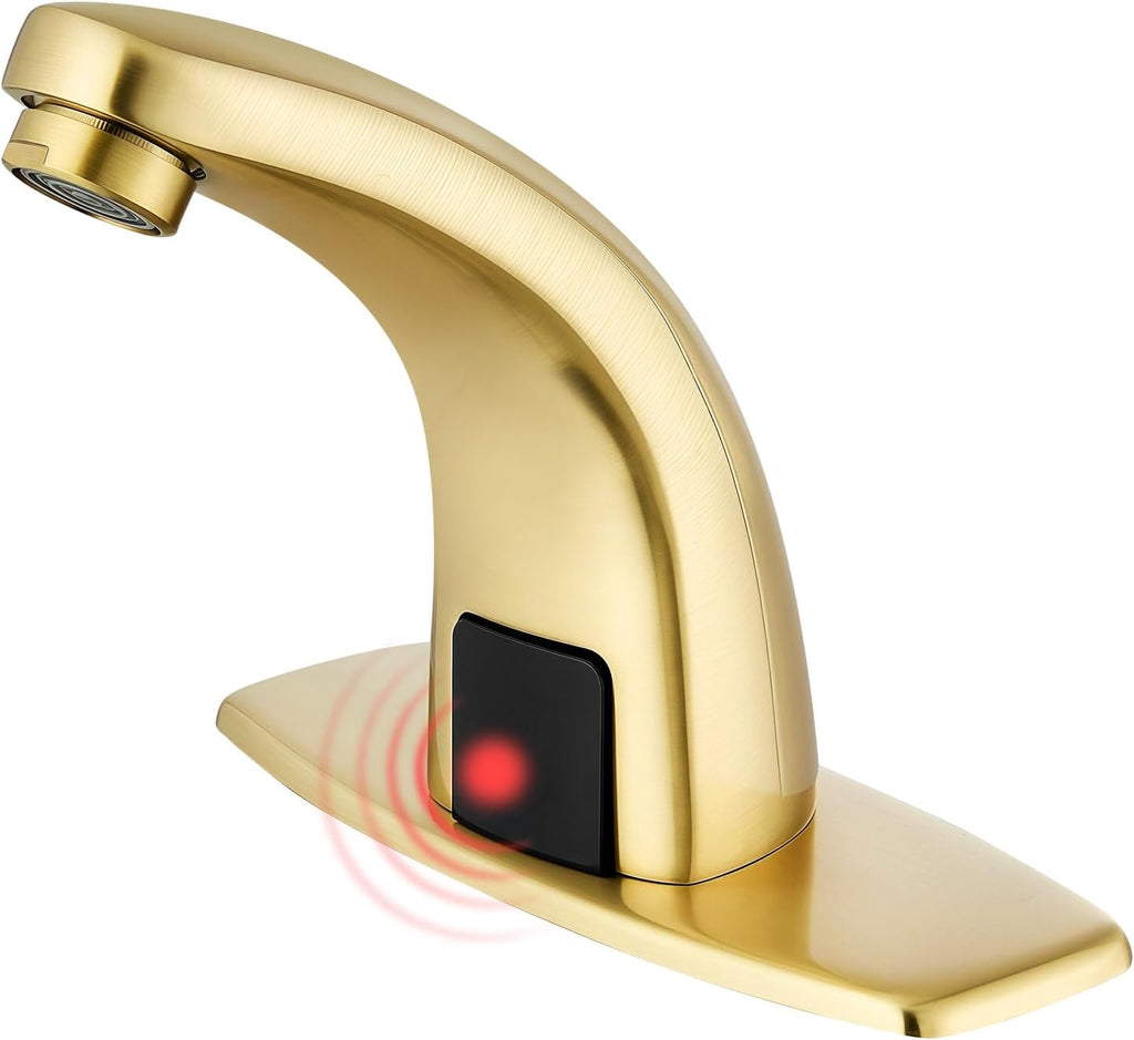 Touchless Bathroom Sink Faucet，Automatic Motion Sensor Faucets with Deck Plate for Commercial Lavatory Gold Plated