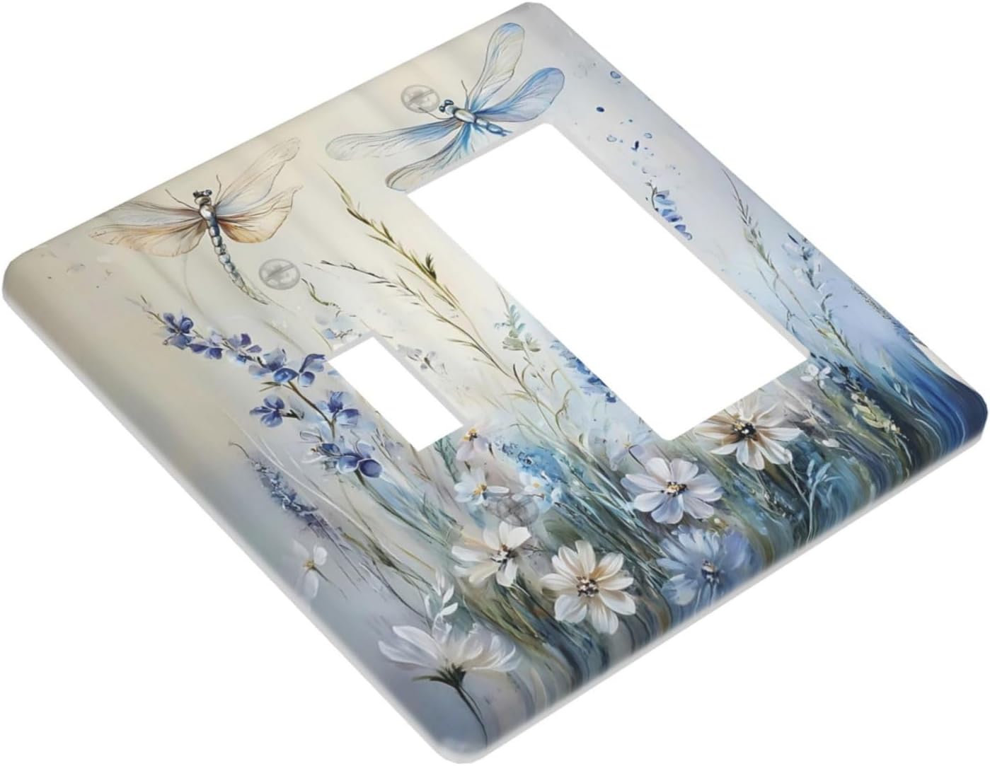 Decorative Outlet Covers Watercolor Dragonfly Blue Wihte Flower 2 Gang Light Switch Cover Plate Single Toggle 1 Rocker Wall Plates for Electrical Outlets Switch Plate Covers for Bedroom Decor
