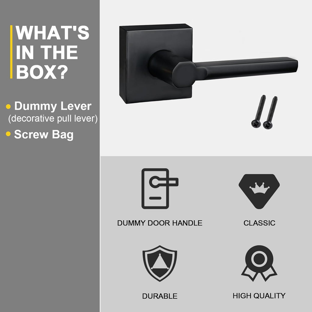 3 Pack Dummy Door Levers in Matte Black, Heavy Duty Interior Handle Lock for Closet Pantry, Non-Turning, Single Sided, Reversible for Left/Right Hand