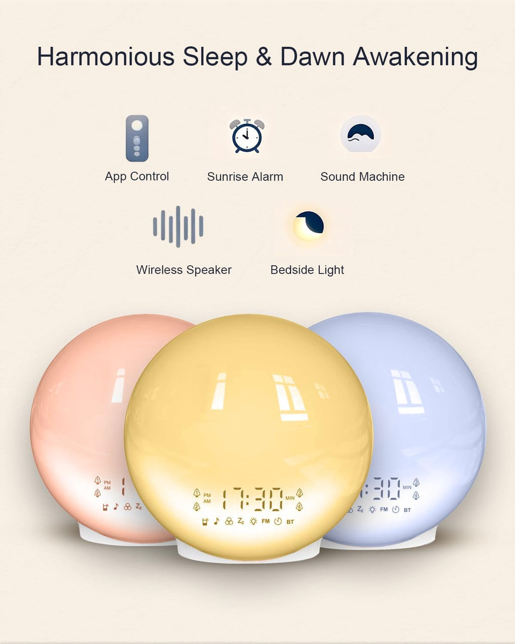 Smart APP Sunrise Alarm Clock with 4 Alarms & Natural Sounds for Heavy Sleepers, App No Signup, Wake Up Light, 11 Night Ligh, Sleep Aid 7 White Noise Machines & FM, Wireless Speaker (White, 1PCS)