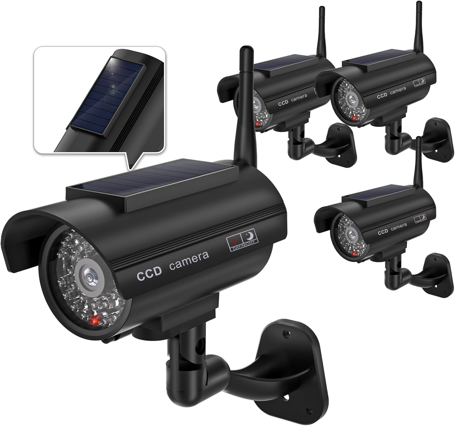 WALI Dummy Fake Camera, Solar Powered Fake Security Camera with LED Light, Simulated Surveillance Security CCTV Dome Cameras with Antenna and Warning Sticker Indoor Outdoor (SOL-TCB4), 4 Packs, Black