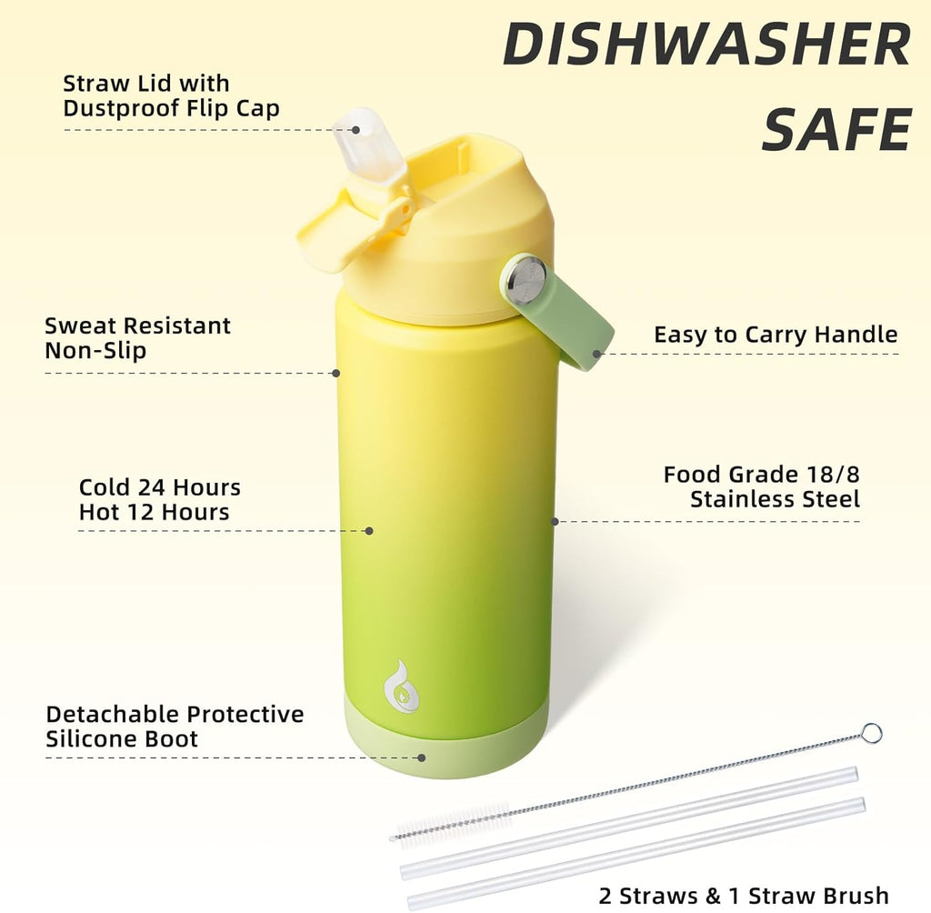 BJPKPK Insulated Water Bottle with Straw Lid, 18oz Thermo Water Bottles, Flex Handle & Non-slip Boot, BPA Free Leak Proof Stainless Steel Metal Thermo, Tumblers, Cups,Fresh Green