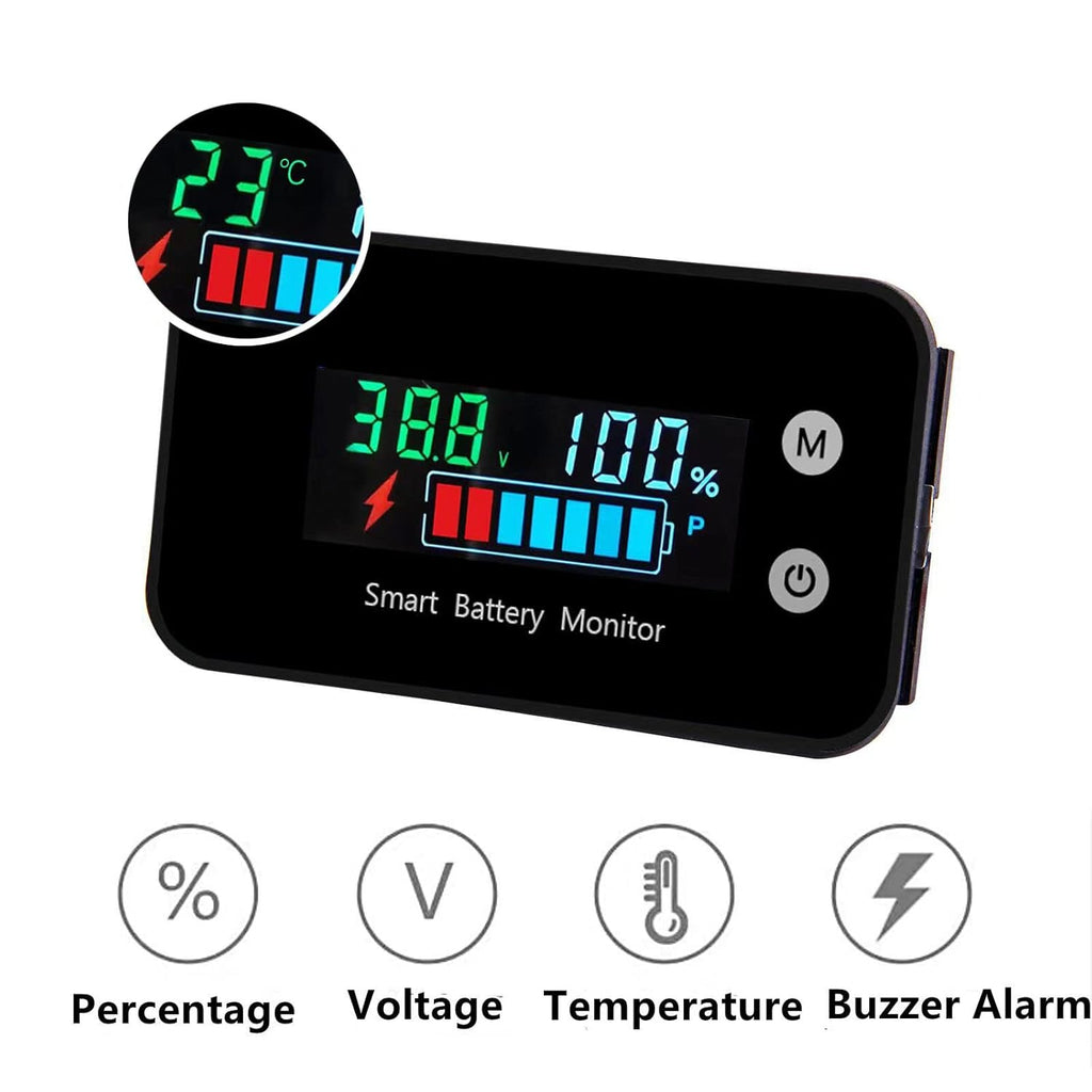 IPX7 Waterproof Battery Monitor12v 24v 36v 48v 60v 72v,Car Motorcycle Golf cart Battery Meter Digital Capacity Remaining Capacity Percentage Tester with Buzzer Alarm and Temperature