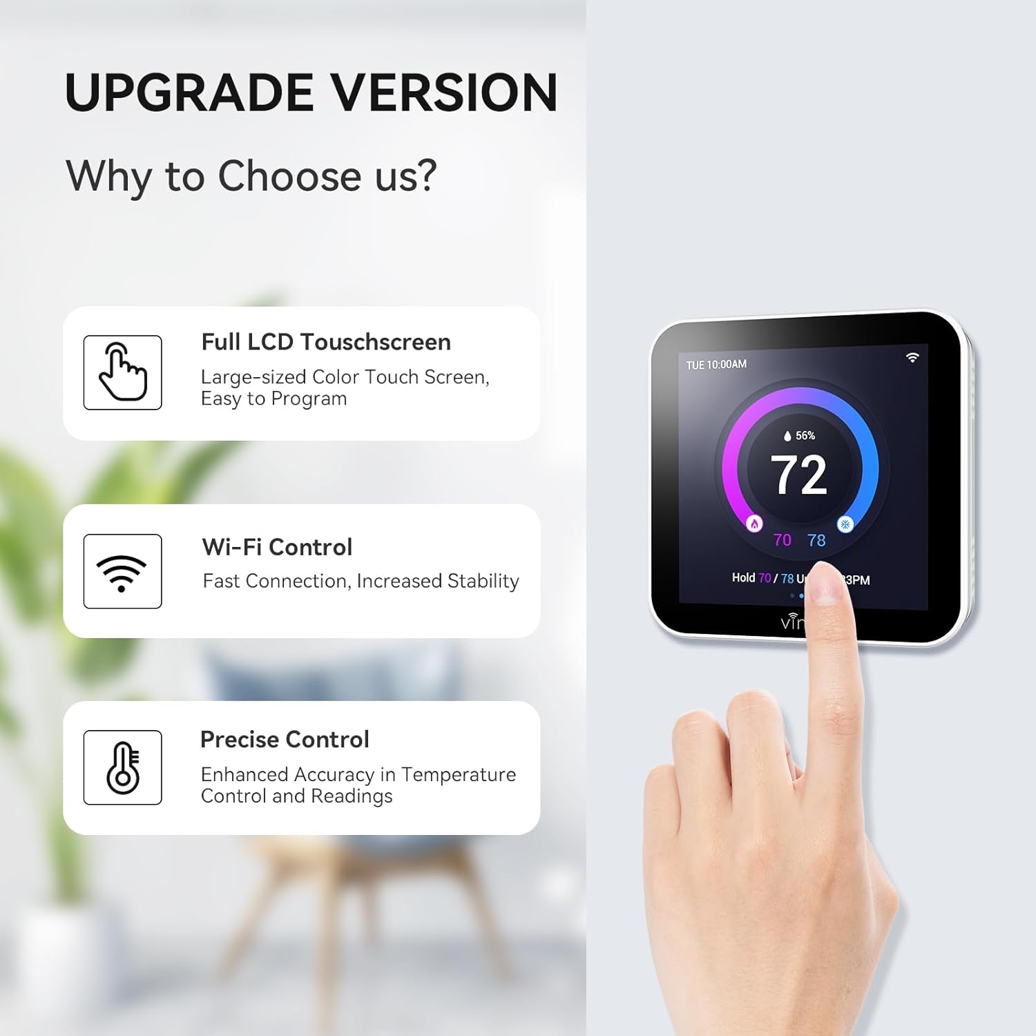 vine Programmable Thermostat for House with 4.0" Touch Screen, WiFi Smart Home Thermostat for AC and Heating, App/Voice Control, Valentine's Day Decorations, C-Wire Required, Grey