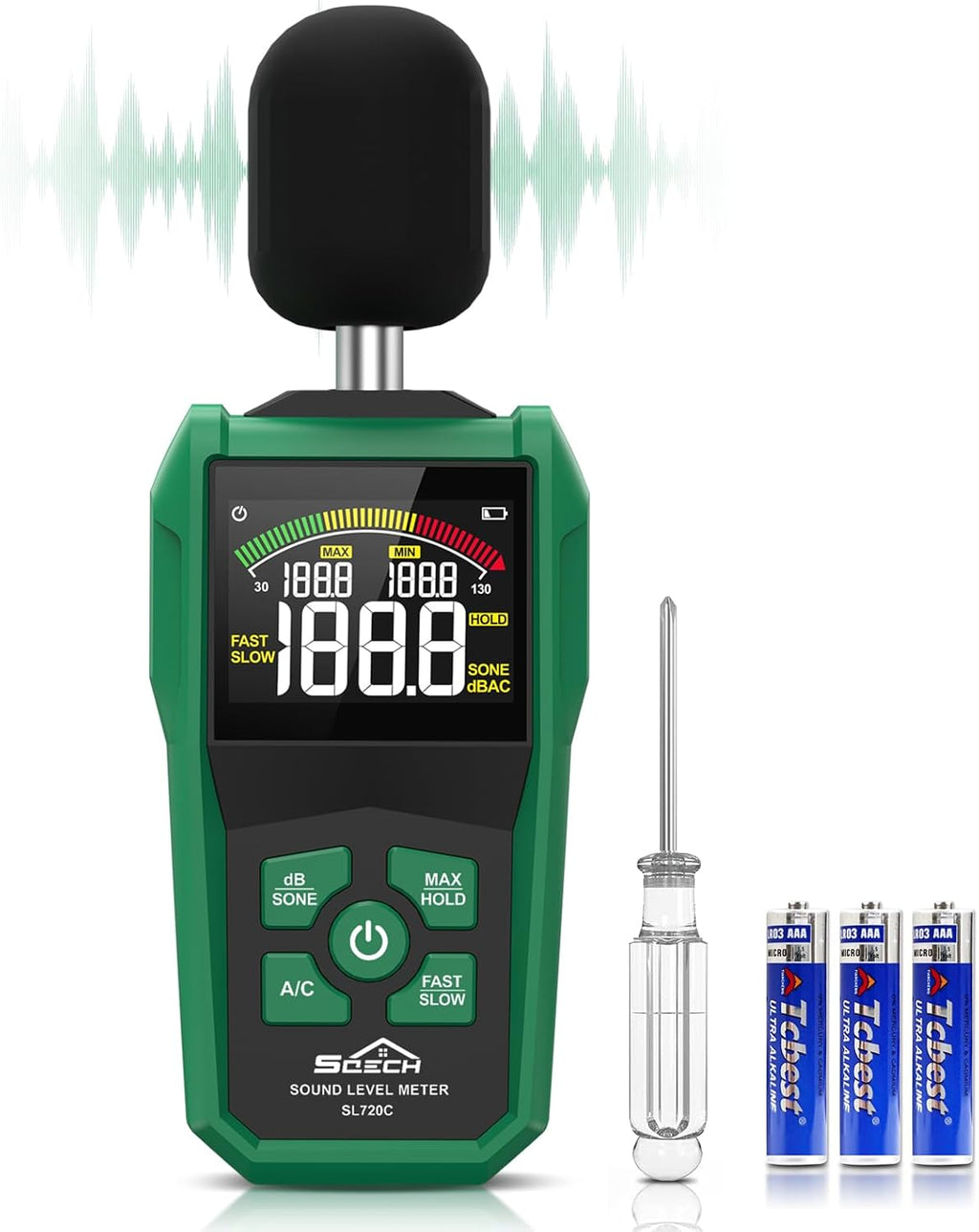 SQECH Decibel Meter, Digital Sound Level Meter with LCD Color Screen,Portable SPL Meter Range 30-130dB with A/C Weighted,MAX/MIN,Data Hold,dB/SONE Unit,FAST/SLOW Response,for Home/Office/Factories