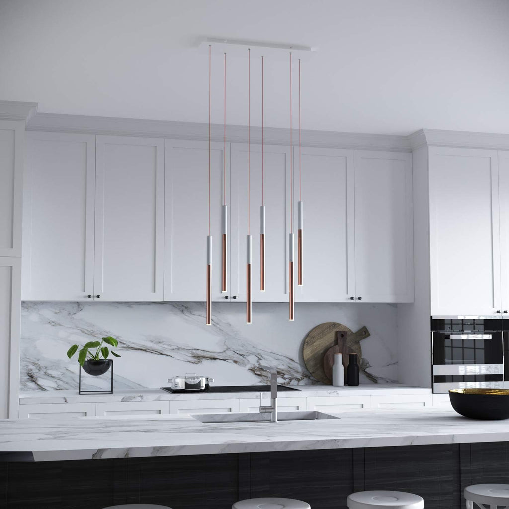 ALTAIR 6 Mini Pendant Lighting White-Copper - LED Hanging Light Fixture for Kitchen Island, Bar, Foyer - Cluster Pendants - Dimmable, Adjustable Wire, Lamp Bulb Included