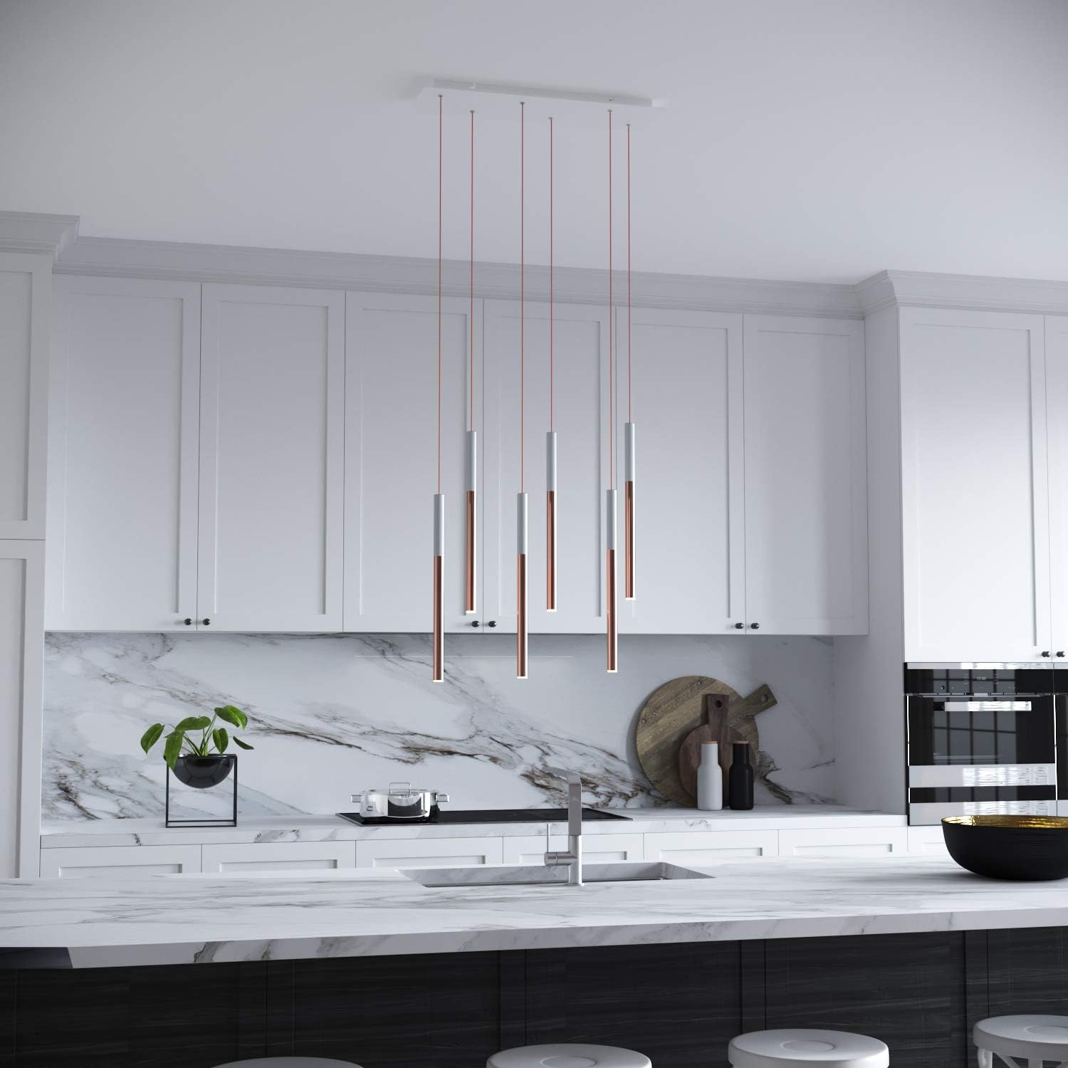 ALTAIR 6 Mini Pendant Lighting White-Copper - LED Hanging Light Fixture for Kitchen Island, Bar, Foyer - Cluster Pendants - Dimmable, Adjustable Wire, Lamp Bulb Included