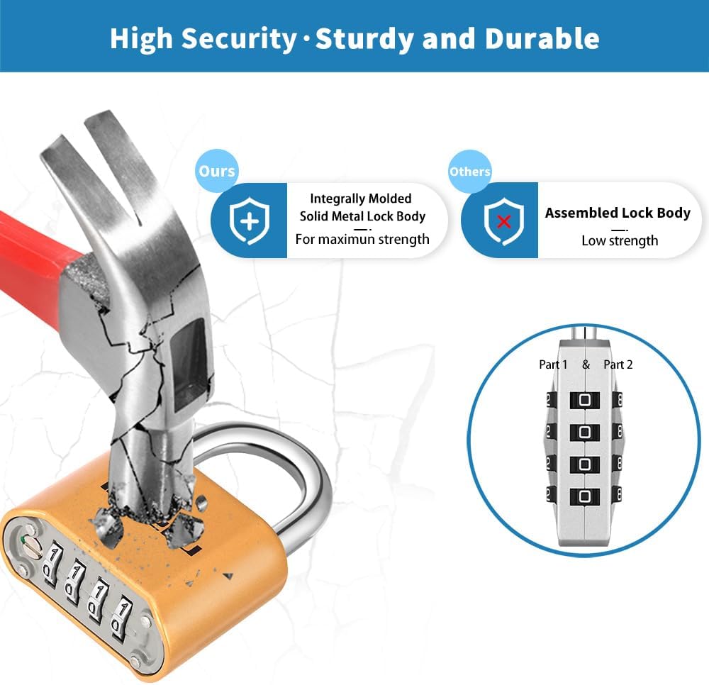 1 Pack disecu Heavy Duty 4 Digit Combination Lock, Anti-Error Feature, Outdoor Waterproof Padlock for School Gym Locker, Fence, Gate, Hasp Storage, Toolbox (Brass)