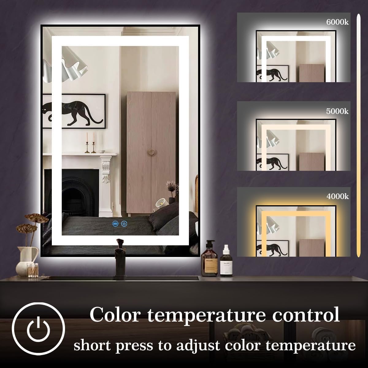 32 x 20 Inch Black Medicine Cabinet Mirror with Lights, 3 Color Lights, Memory Adjustable Brightness, Moisture Resistant, Bathroom