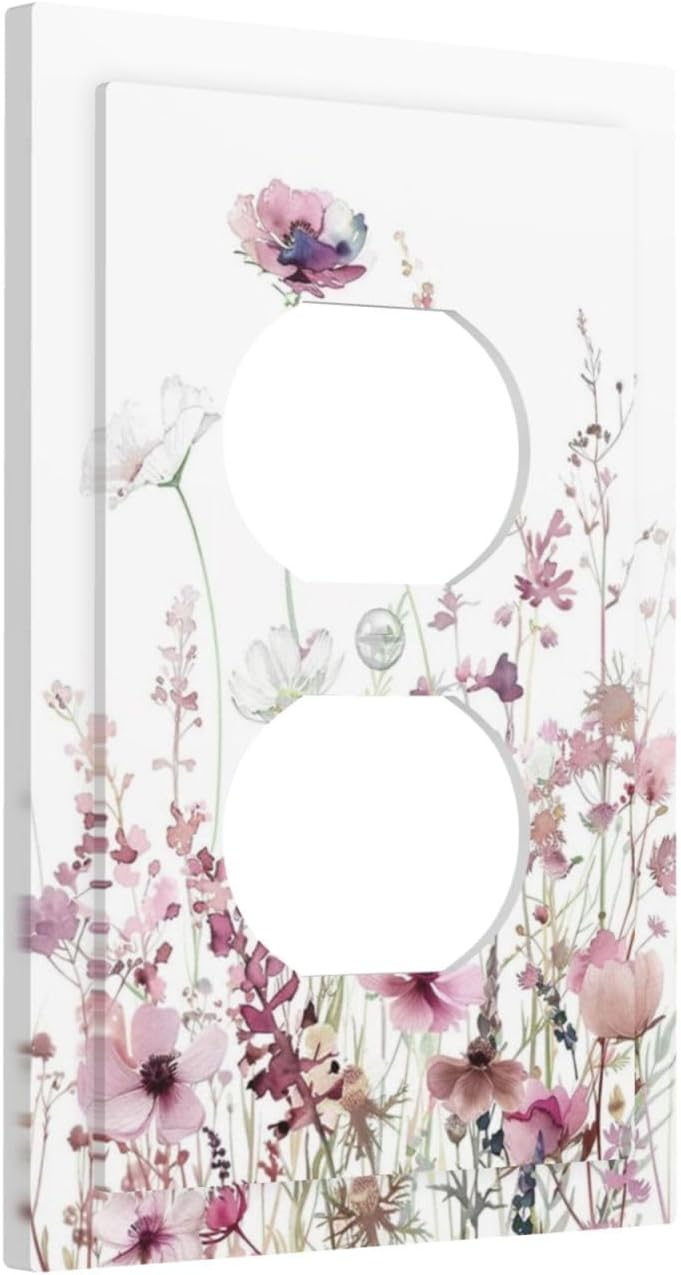 Floral Pink Watercolor Wildflowers Plant Flower Outlet Covers 1 Gang Duplex Light Switch Cover Decorative Switch Plates Electrical Receptacle Faceplate Wall Plate for Bedroom Living Room Decor