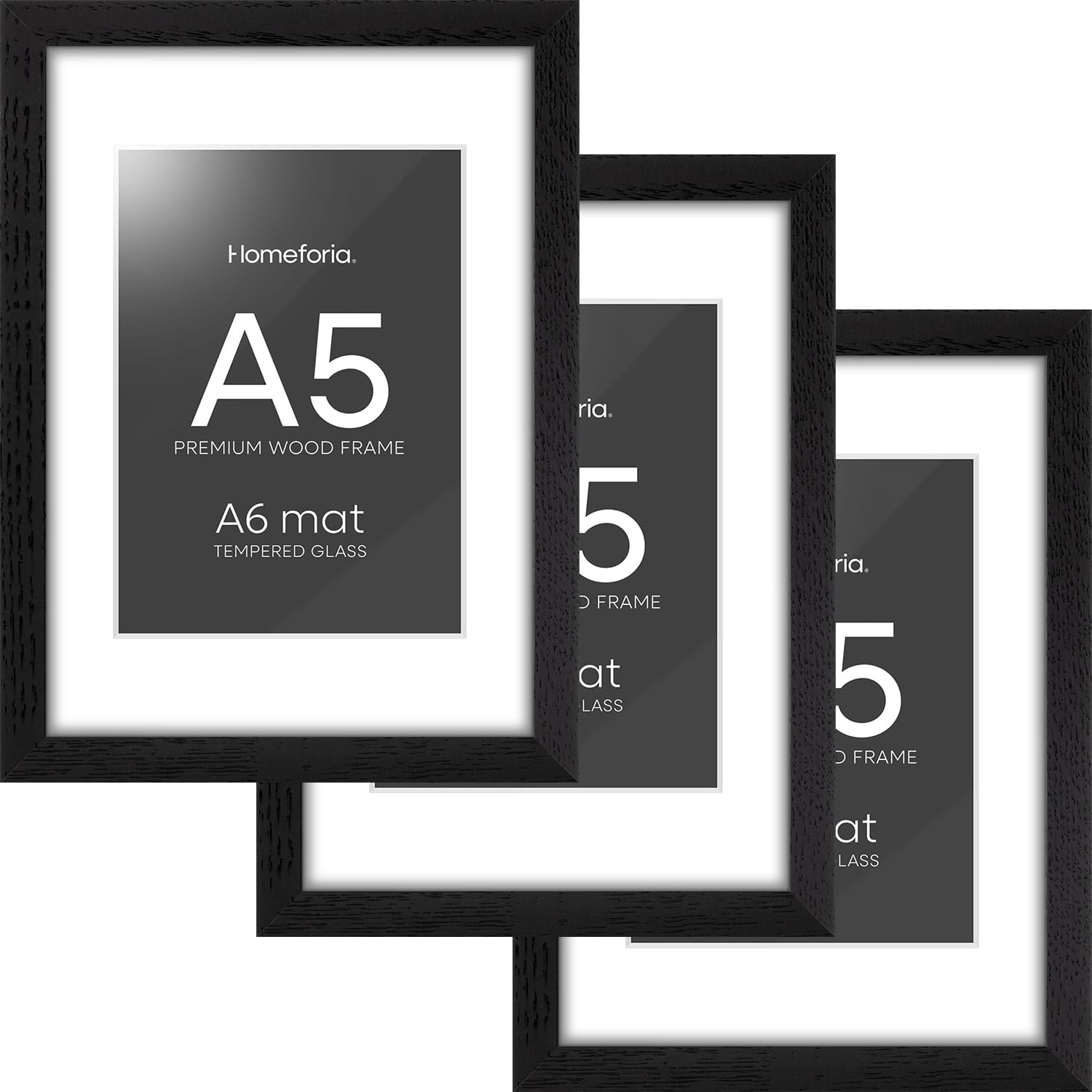 Homeforia A5 Picture Frame Black Wood, High-End Oak 5.8x8.3 Frame Matted to 4.1x5.8 inch Photo, A5 Size Walnut Wooden Frames with Mat A6 for Print, 5.8 by 8.3 Frame, Tempered Glass, Wall Kit, Set of 3