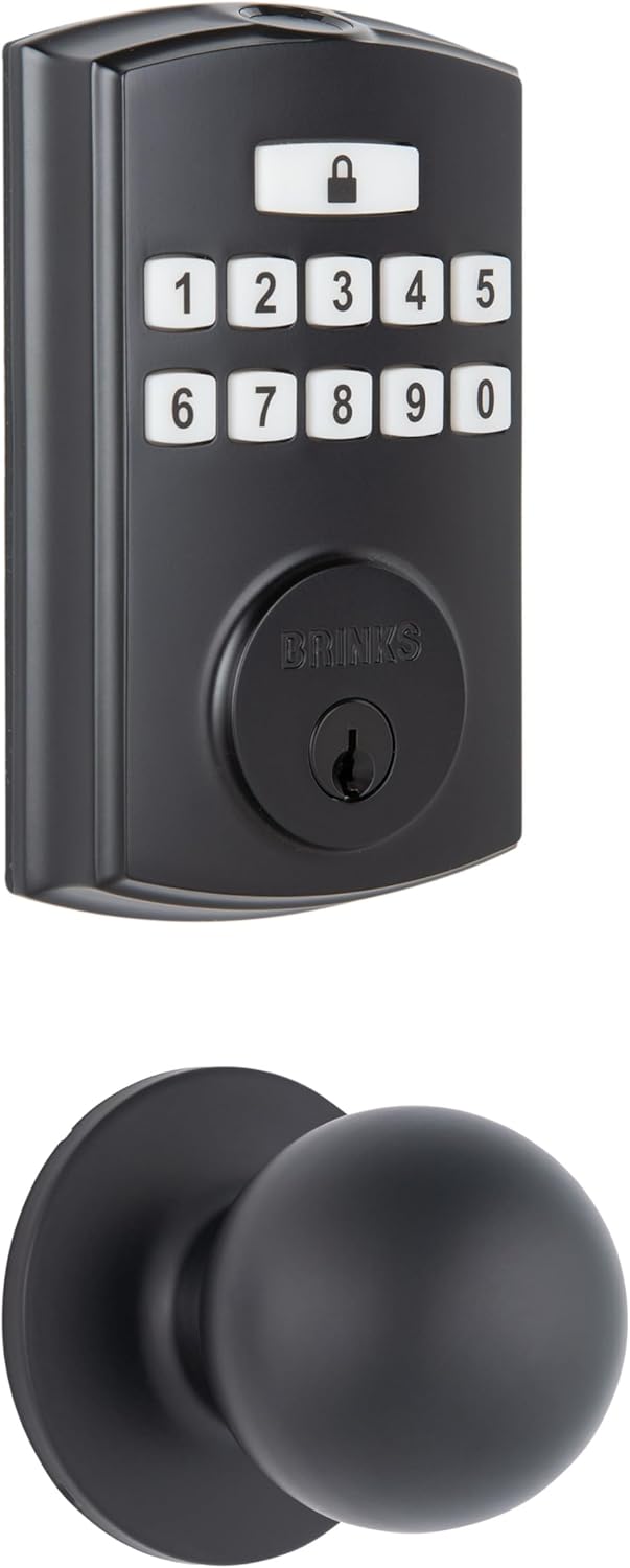 BRINKS Security Door Locks, High-Security Keyless Entry, Smart Electronic Door Lock with Deadbolt, Up to 50 Codes, Automatic Locking (Deadbolt & Passage Knob, Matte Black)