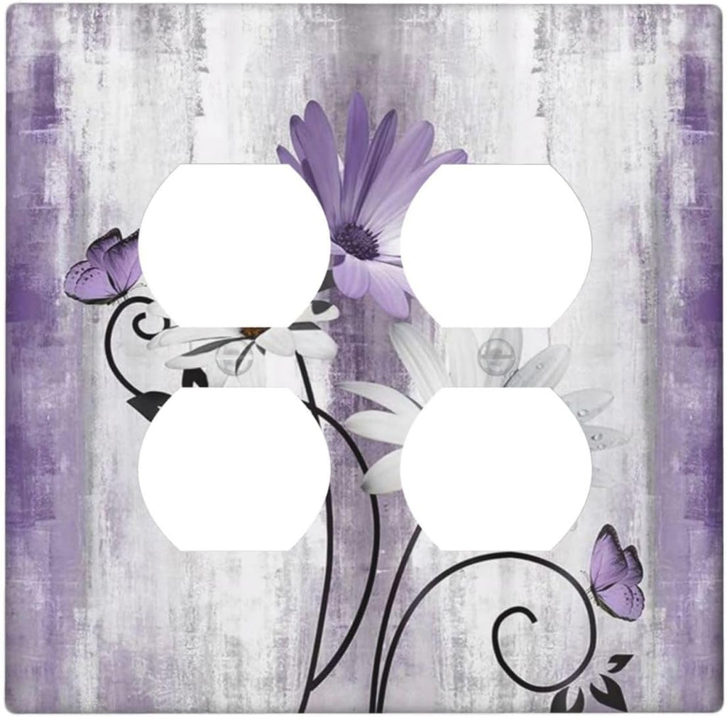 Decorative Outlet Covers Rustic Purple Daisy Grey Flowers 2 Gang Wall Plate Cover Double Duplex Receptacle Two Switch Light Switch Cover Plate Jumbo Dual Faceplate for Home Decor