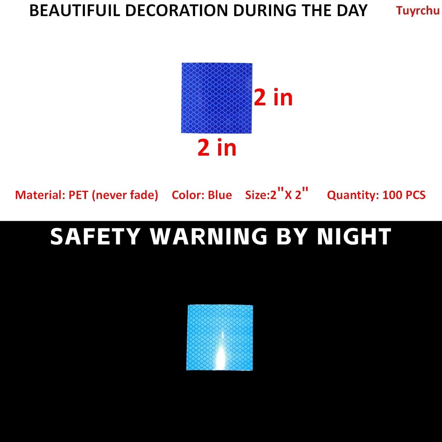 Non Fading Blue Reflective Stickers 2 inch X 2 inch, Outdoor Waterproof High Visibility Warning Safety Adhesive Reflector Tape (100 Pcs)