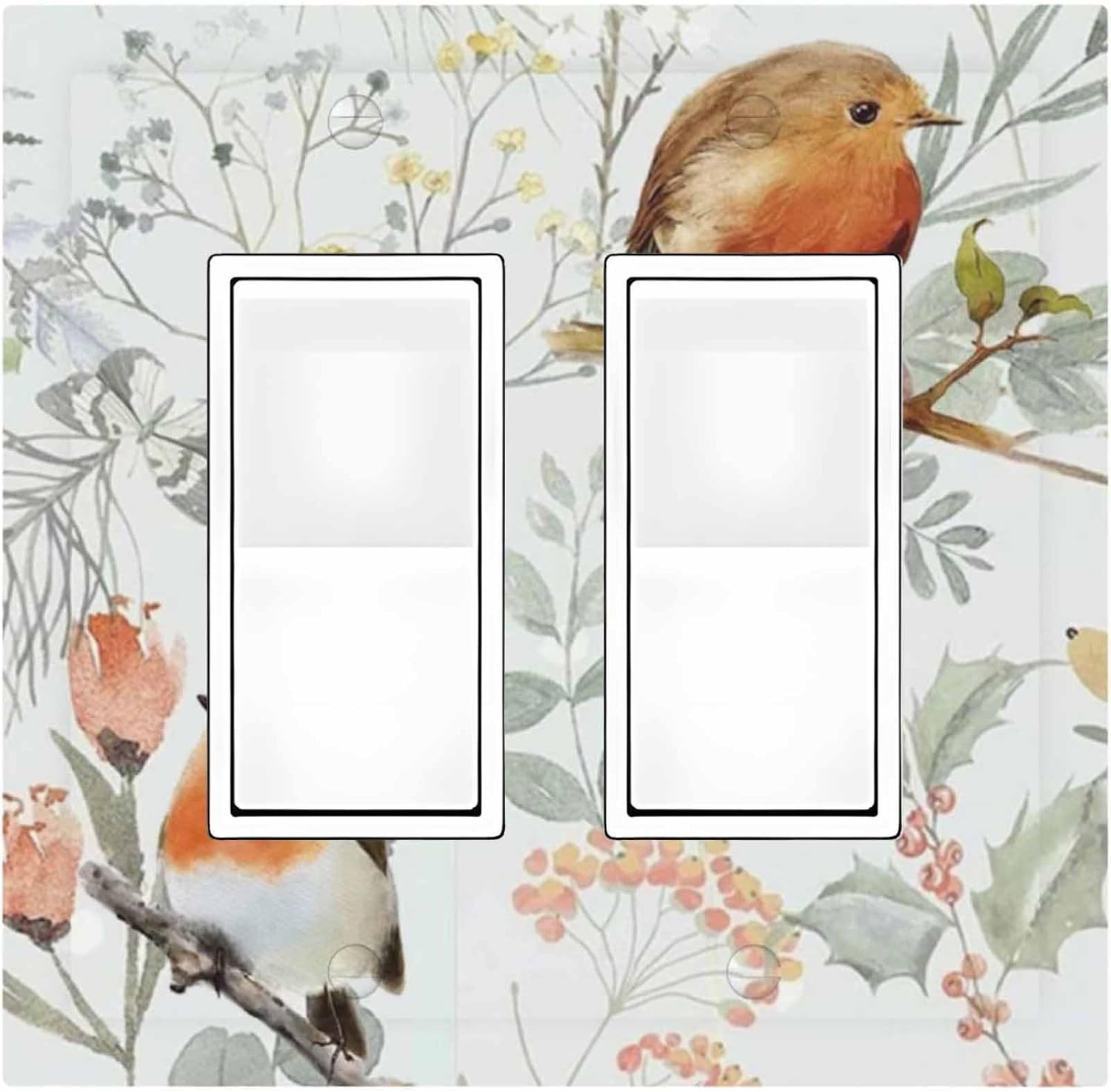 Decorative Outlet Covers Red Floral Berries Colorful Bird Plant 2 Gang Double Gfci Rocker Electrical Wall Panels Light Switch Cover Plate For Bed Room Living Room Decor