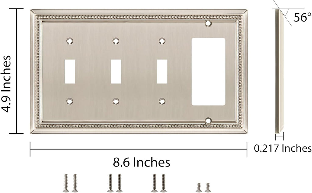 Henne Bery Sunken Pearls Heavy Duty Decorative Wall Plate Switch Plate Outlet Cover (Triple Toggle/Single Decorator, Satin Nickel)