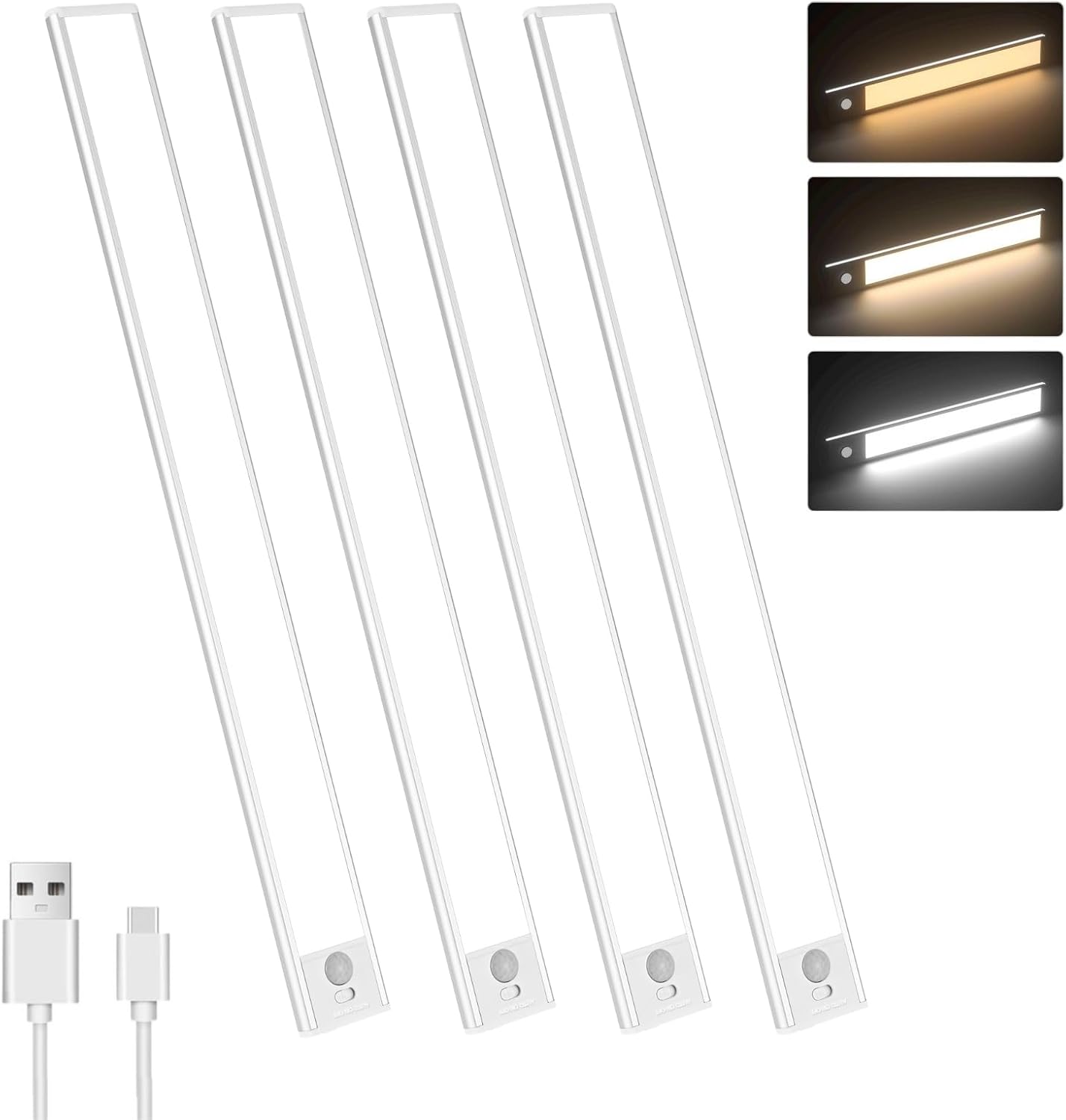 Motion Sensor Under Cabinet Lighting-Magnetic Rechargeable Closet Lights for Kitchen,Stairs,Wardrobe | 3-Color Dimmable LED Under Counter Lighting | Pro Battery Upgrade (16inch-4Pack)