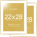 Homeforia 22x28 Picture Frame Gold, High End Metal 22 x 28 Large Poster Frames with Mat 18 by 24 for Photo, 22x28 Gold Frame Matted to 18x24 inch Print, 28x22 Frame, Tempered Glass, Wall Kit, Set of 2