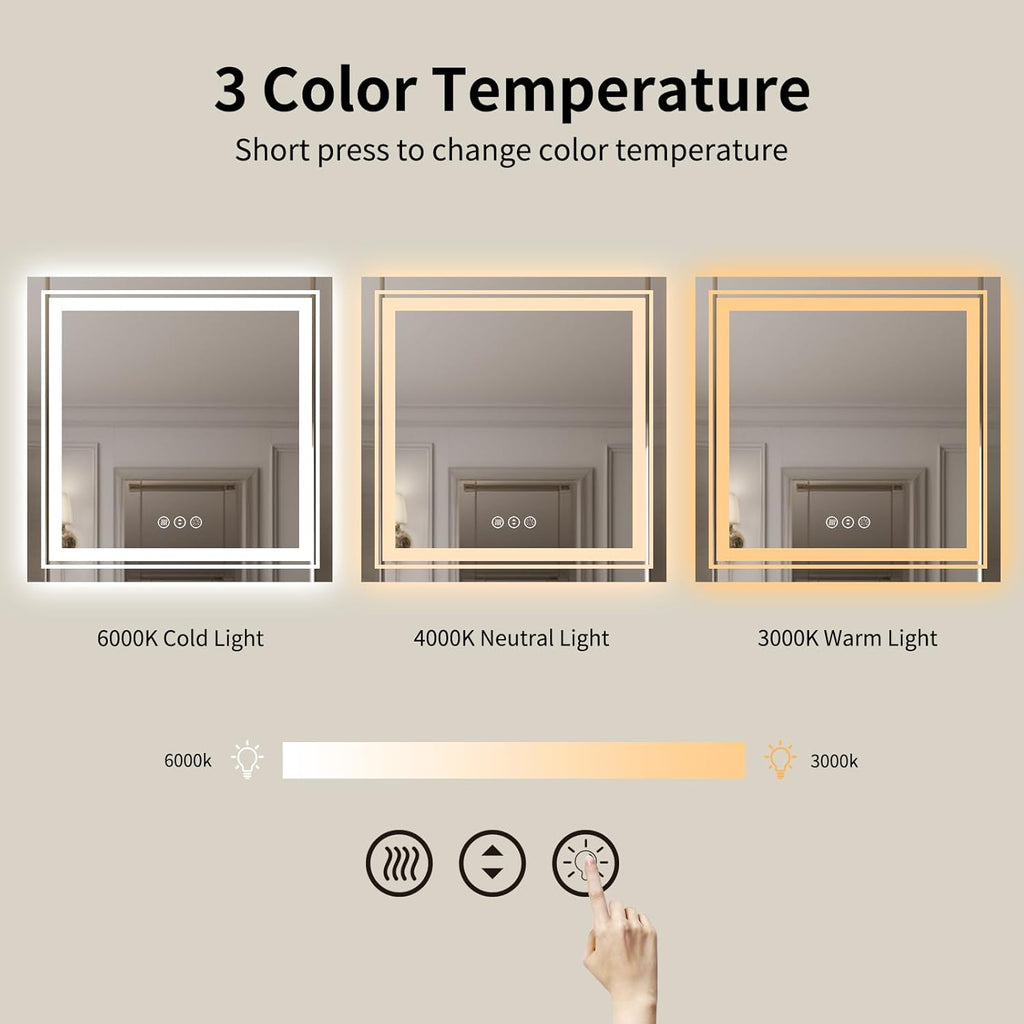 WTTY LED Bathroom Mirror 36"x36" with Backlit and Front Light,Stepless Dimmable LED Mirror for Bathroom,Anti-Fog Lighted Bathroom Vanity Mirror Modern,Memory Function,Shatter-Proof