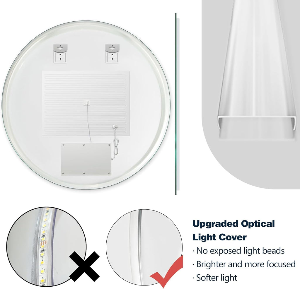 Niccy Round Led Mirror for Bathroom, 30" Circle Frameless Backlit Mirror wiht Light, Anti-Fog, 3 Colors, Waterproof, Memory Function