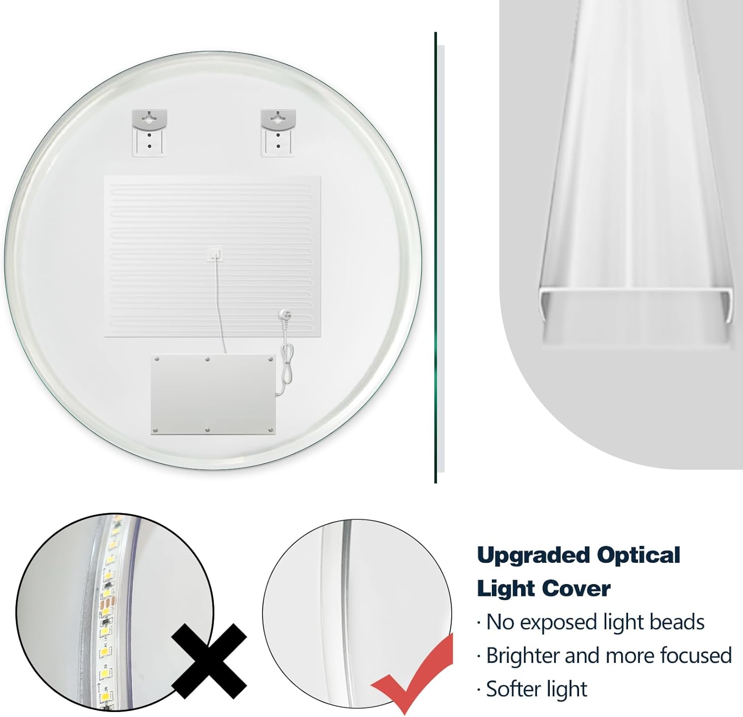 Niccy Round Led Mirror for Bathroom, 30" Circle Frameless Backlit Mirror wiht Light, Anti-Fog, 3 Colors, Waterproof, Memory Function