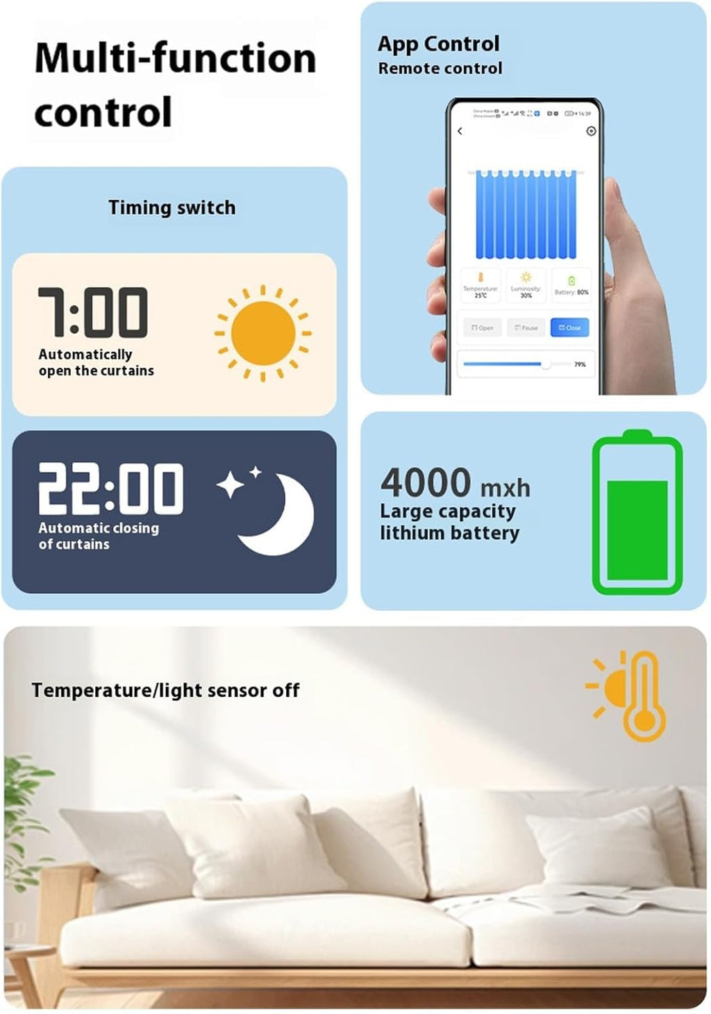 Garosa Smart Curtain Motor, WiFi Electric Automatic Window Curtain Opener with Quiet Mode Below 25dB for Roman Rod T U Shape Tracks