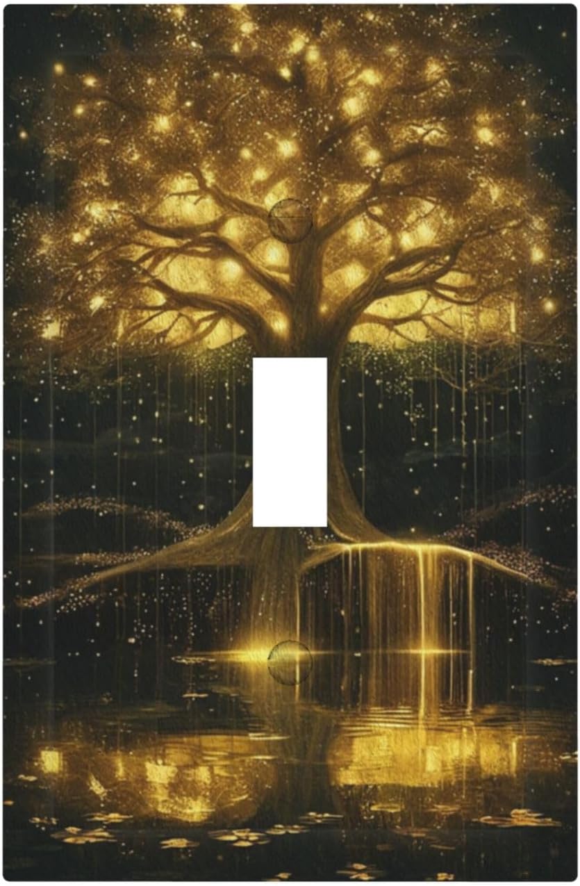 Decorative Light Switch Plate Covers Golden Shining Fantasy Kabbalah Tree of Life 1 Gang Light Switch Cover Plate Single Toggle Wall Plate Outlet Covers Faceplate for Bedroom Home Decor