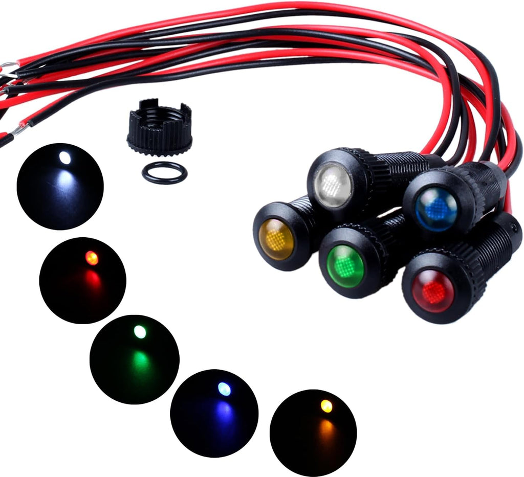 5pcs 8mm LED Indicator Light Plastic Black Signal Dot Lamp 110-220VAC 5/16" Mounting Hole Size with 15cm/5.9in. Wire (Mix:Red White Yellow Blue Green)