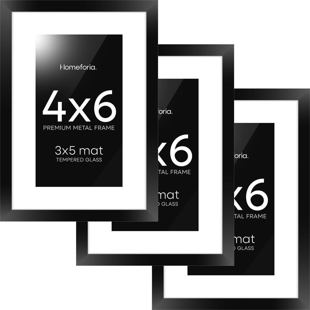 Homeforia 4x6 Picture Frame Black, High End Metal 4 x 6 Black Frames with Mat 3 x 5 for Art, 4x6 Desk Frame Matted to 3x5 inch Photo, 4 by 6 Wall or Tabletop Frames, Tempered Glass, Wall Kit, Set of 3