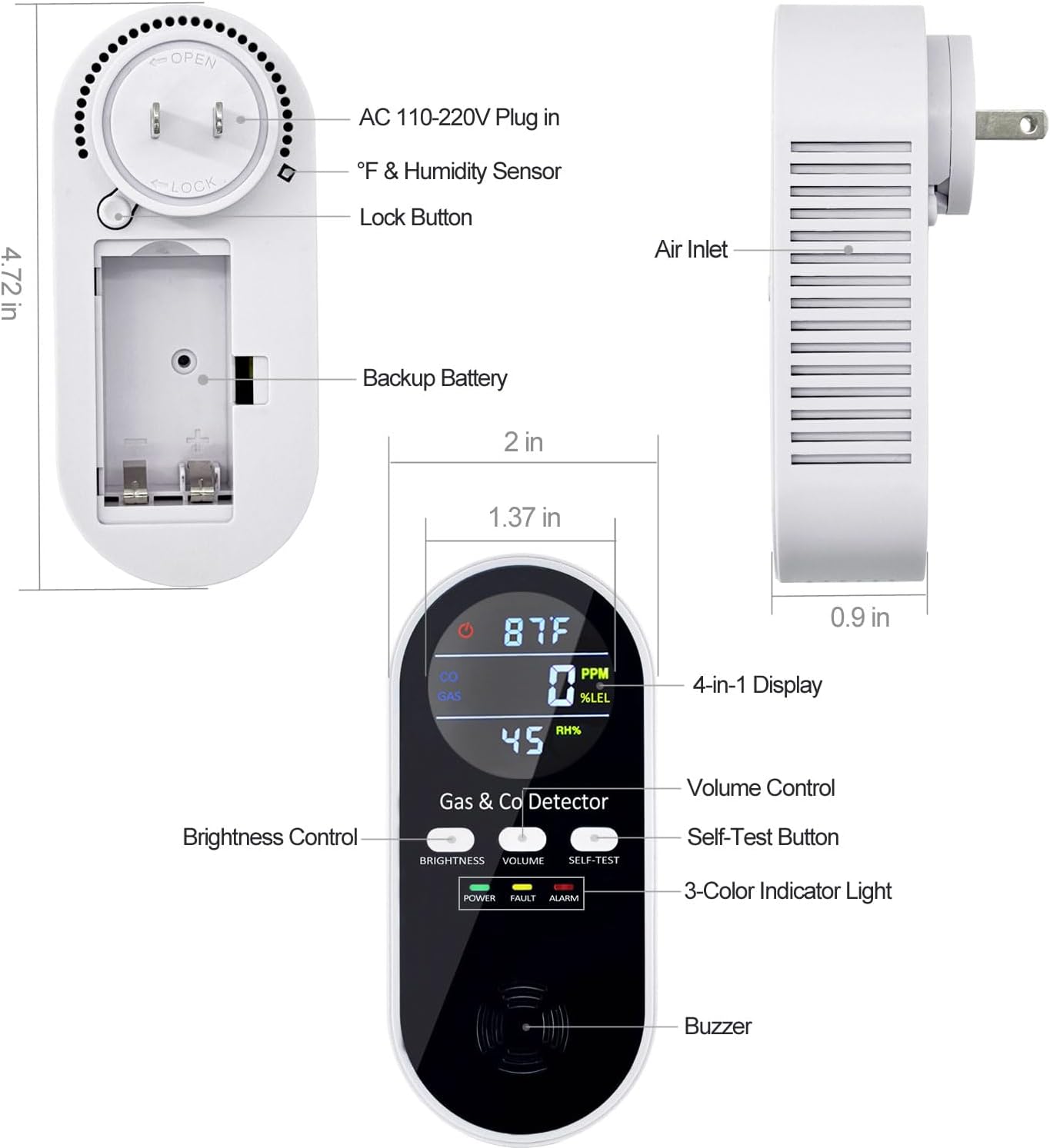 5-in-1 Upgraded Gas & Carbon Monoxide Detectors Plug in, Combination Natural Gas Detector and Carbon Monoxide Detector with ℉, Humidity and Sound, Brightness Control, Holds 9V Battery (not Included)