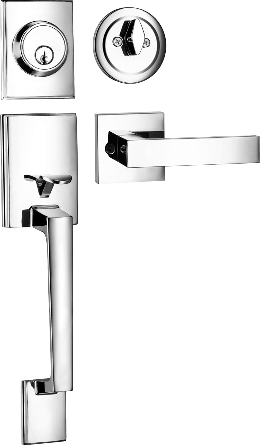 Berlin Modisch Single Cylinder HandleSet with Lever Door Handle (for Entrance and Front Door) Reversible for Right and Left Handed and a Single Cylinder deadbolt Handle Set Polished Chrome Finish