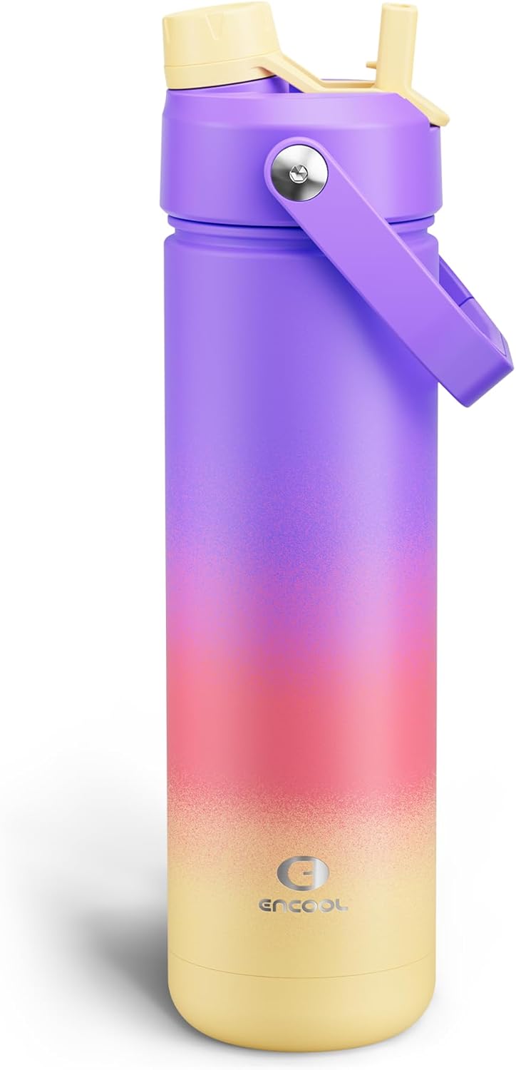 ENCOOL Insulated Water Bottle with Straw Stainless Steel Water Bottle, Leak-Proof, BPA-Free, Double Wall Vacuum Keeps Cold for 24 Hours for Sports, Travel, School (26 oz, Peach Dream)