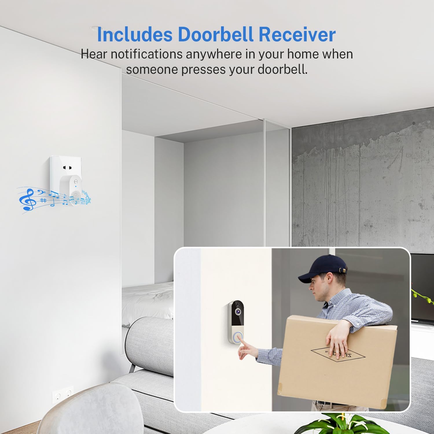 WiFi Video Doorbell Camera with Human Detection, Battery Powered, Night Vision, 2-Way Talk, 2.4G WiFi, Cloud Storage