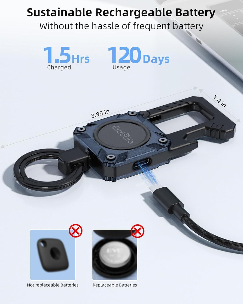 Keychain, Works with Apple Find My, Heavy Duty Keychain Bottle Opener, Carabiner Car Key Chains with GPS Tracker, Key Finder, Bluetooth Tracker for Luggage, Kids, Bags and More, Rechargeable, Blue