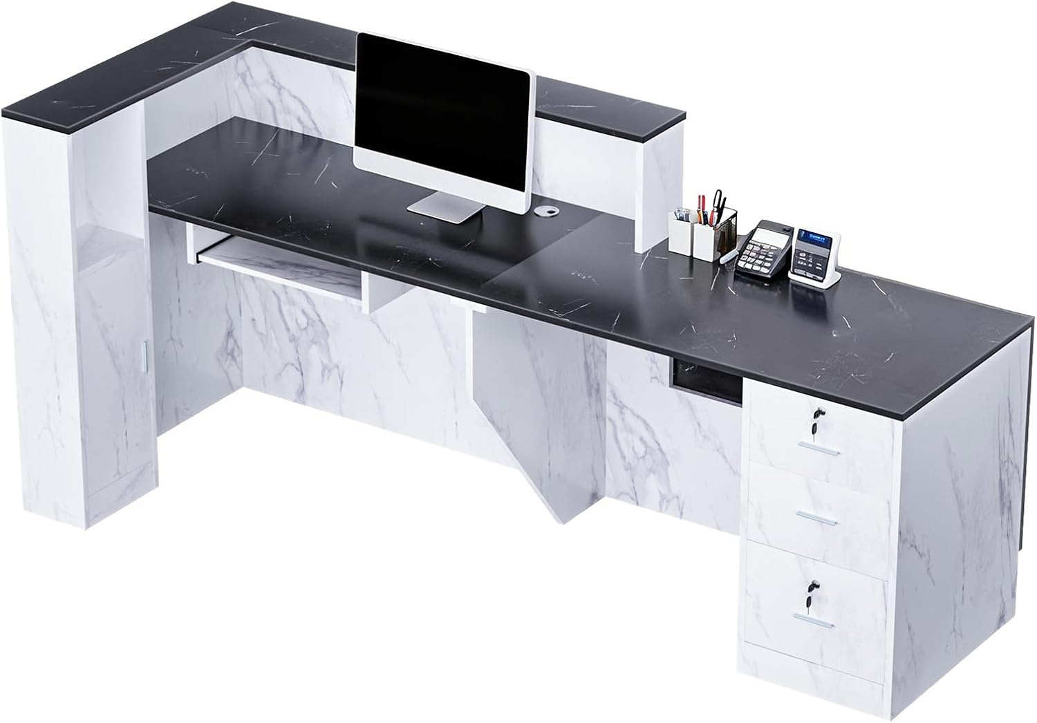 L-Shaped Modern Reception Desk with Counter & Storage - 71"/84" Large Office Front Desk, Salon Checkout Counter with Lockable Cabinets, Shelves & Drawers (Black & White, Left - 71''L x 34''W x 41''H)