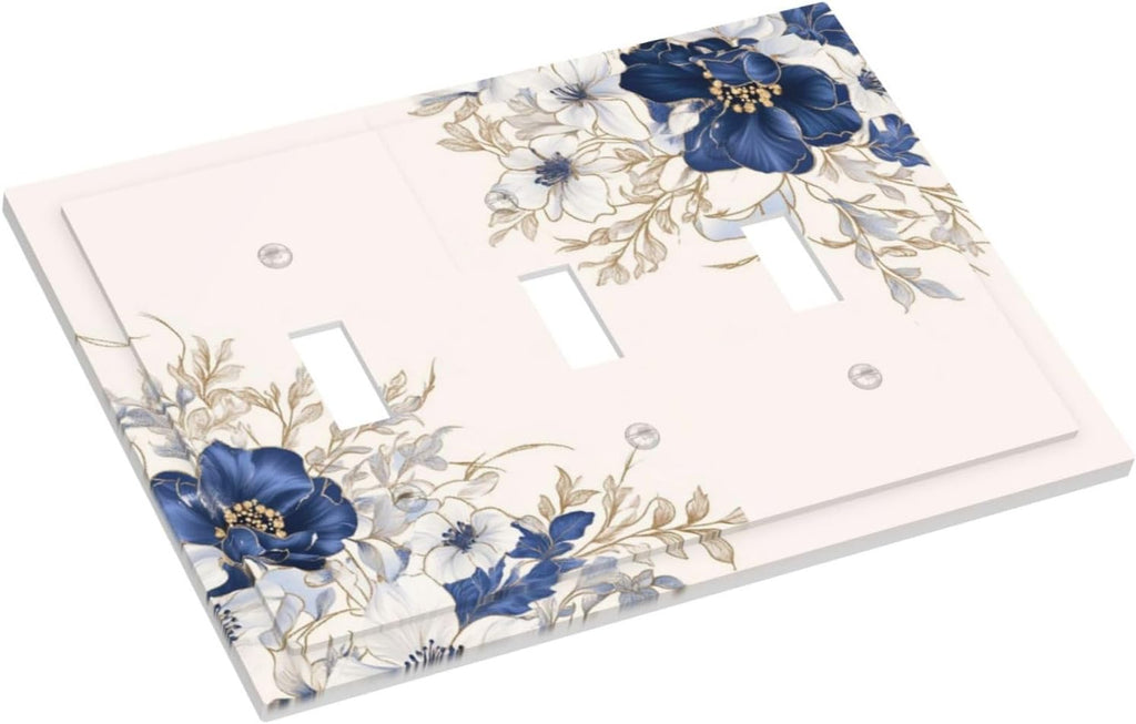 Decorative Light Switch Cover Plate Rustic Blue White Flowers Floral Penoy 3 Gang Wall Plate Oversized Triple Toggle Switch Cover Plate Jumbo Face Plate for Bedroom Decor