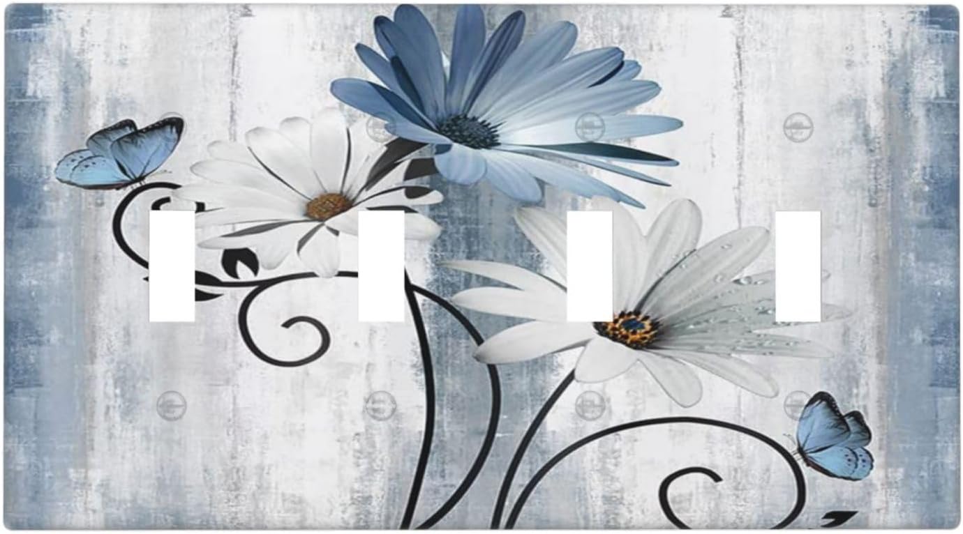 Decorative Light Switch Cover Plate Rustic Blue White Daisy Ink Flower 4 Gang Wall Plates for Electrical Outlets Quad Toggle Switch Plate Covers Outlet Covers Faceplate for Bedroom Home Decor
