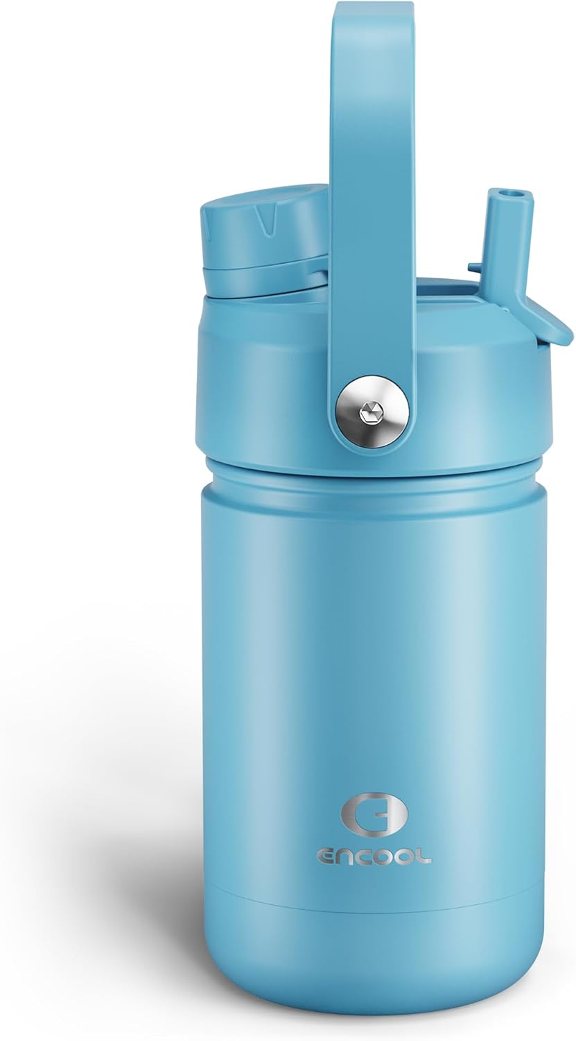Kids Insualated Water Bottle with Straw - 12oz Stainless Steel Water Bottle with Dual Spouts, Leak-Proof, BPA-Free, Double Wall Vacuum Keeps Cold for 24 Hours for Sports, Travel, School (Pewter Blue)