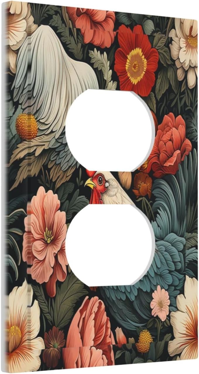 Outlet Covers Rooster Flowers Red White Chicken Floral 1 Gang Duplex Wall Plate Decorative Switch Plates Electrical Receptacle Faceplate Light Switch Cover for living Room Farmhouse Decor