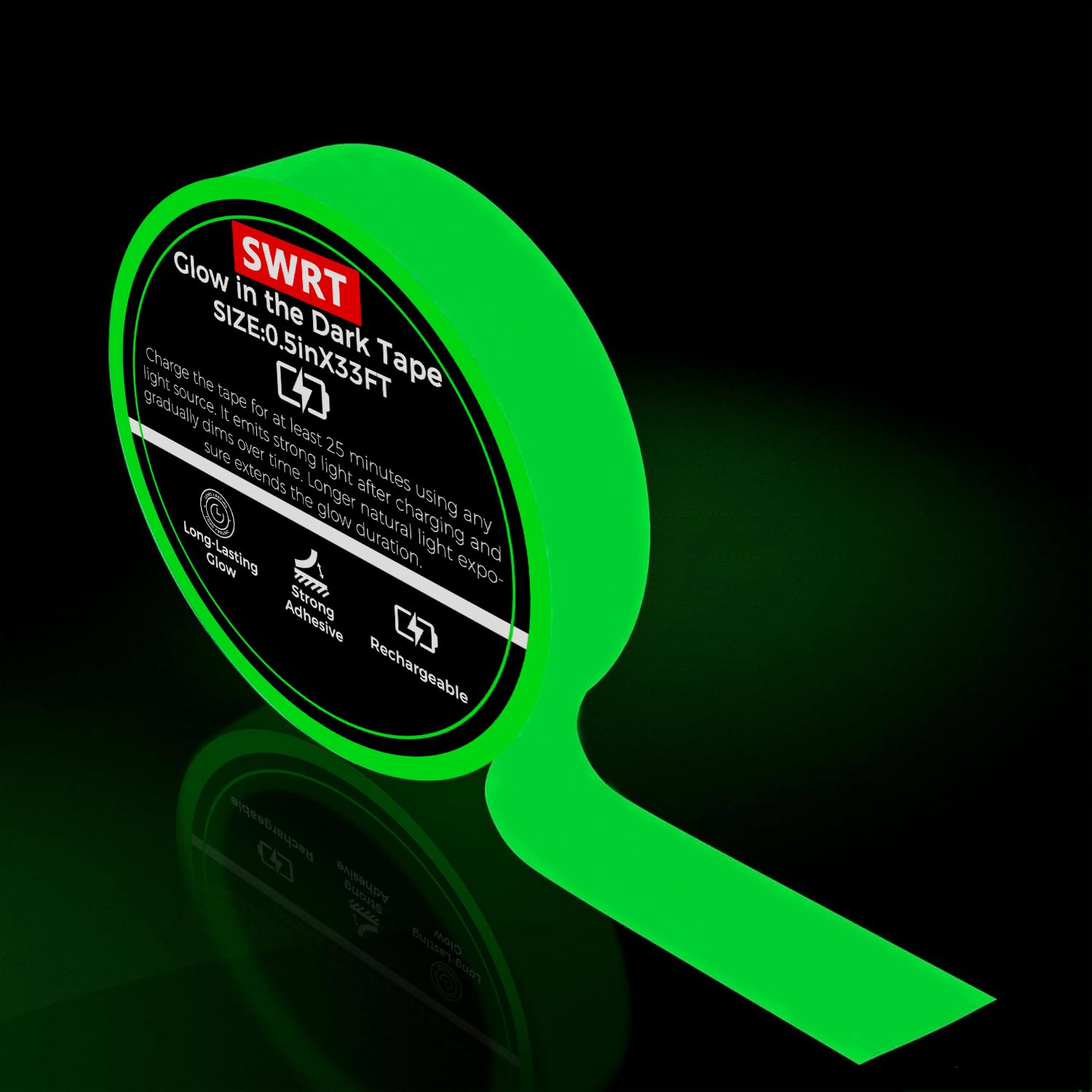 SWRT Glow in The Dark Tape 33FT x 0.5Inch, Long-Lasting Bright Fluorescent Glow Tape for Christmas Dector, Strong Adhesive Waterproof Glow in The Dark Stickers for Night Decorations, Stairs,Exit Sign