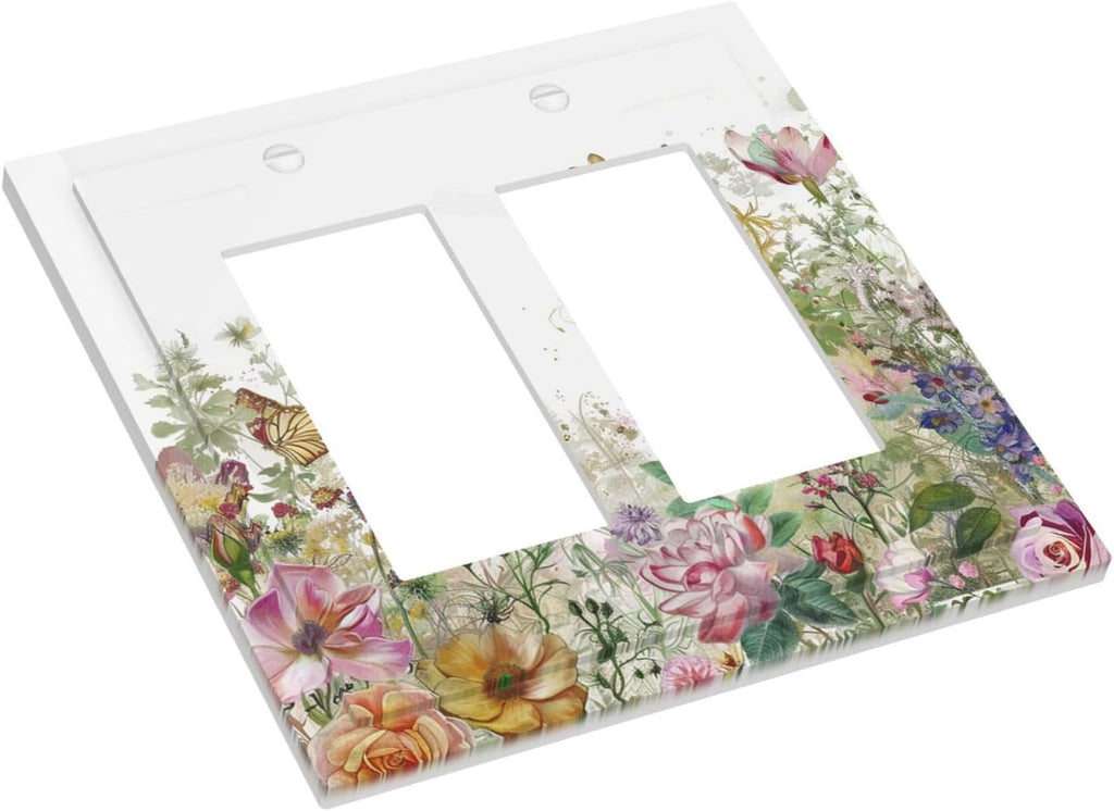 Decorative Outlet Covers Boho Wildflower Colorful Floral Butterfly 2 Gang Double Gfci Rocker Electrical Wall Panels Light Switch Cover Plate For Bed Room Living Room Decor