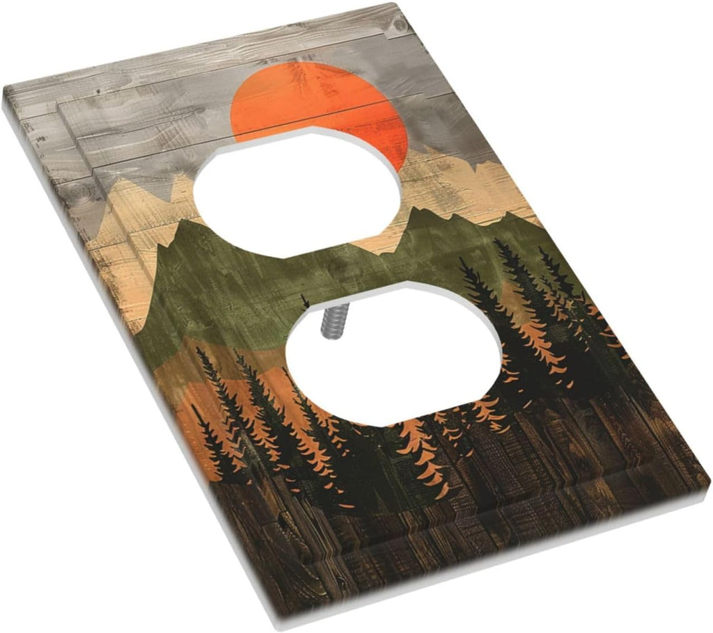 Outlet Covers Vintage Wood Grain Sun Forest Mountains 1 Gang Duplex Wall Plate Decorative Switch Plates Electrical Receptacle Faceplate Light Switch Cover for Farmhouse Cabin Decor