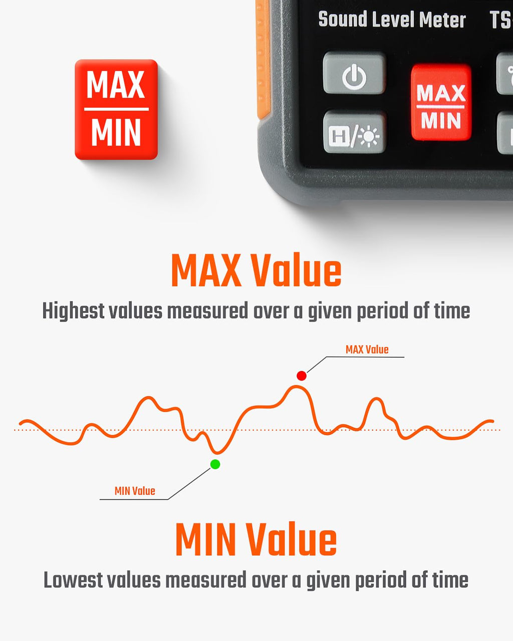 TopTes Decibel Meter, TS-501A Sound Level Meter with 2.25” Backlight LCD Screen, Portable SPL Tester with A Weighted, Range 30-130dB, Data Hold, MAX/MIN, Use for Home, Noisy Neighbor, Factory - Orange