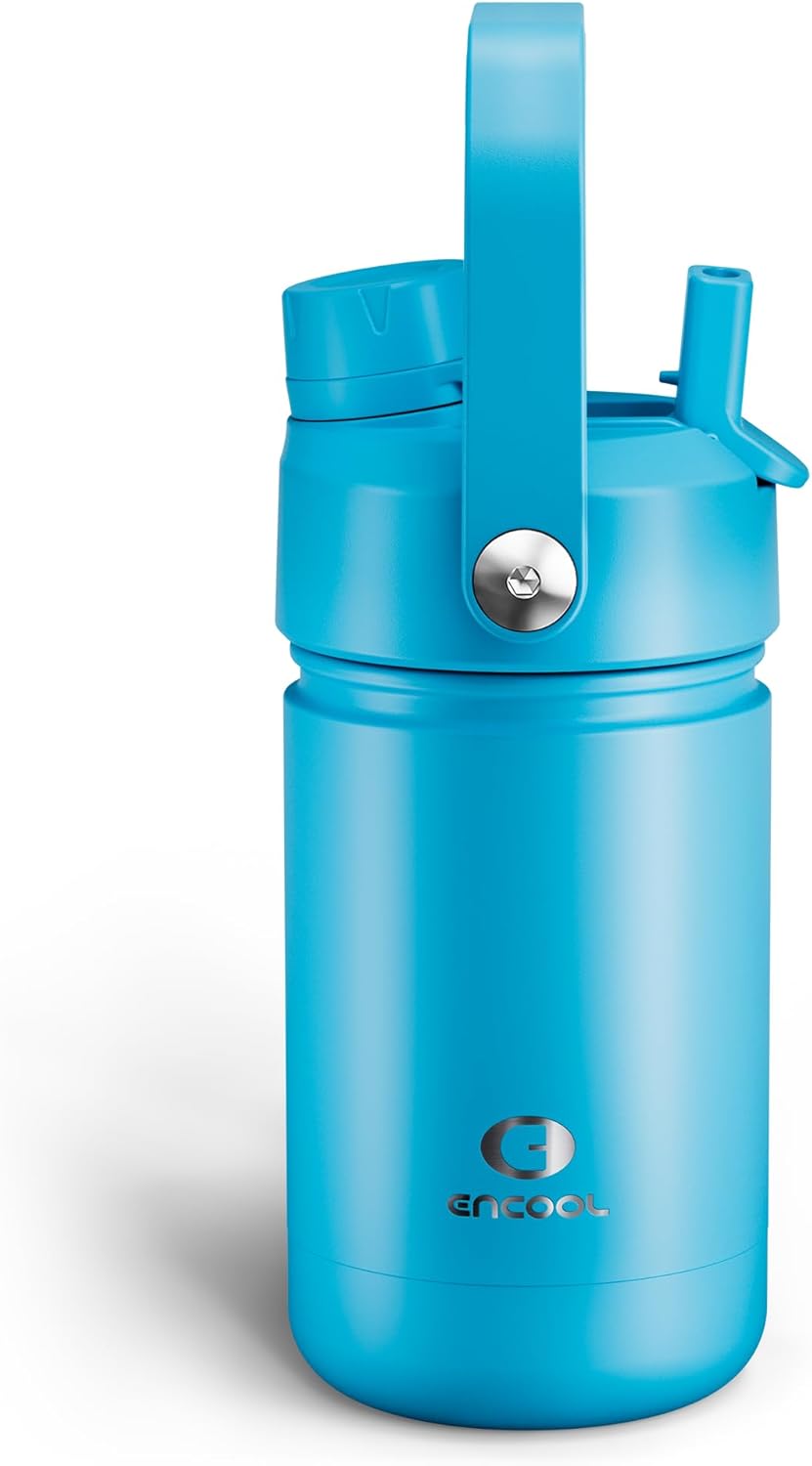 Kids Insualated Water Bottle with Straw - 12oz Stainless Steel Water Bottle with Dual Spouts, Leak-Proof, BPA-Free, Double Wall Vacuum Keeps Cold for 24 Hours for Sports, Travel, School (Azure Blue)