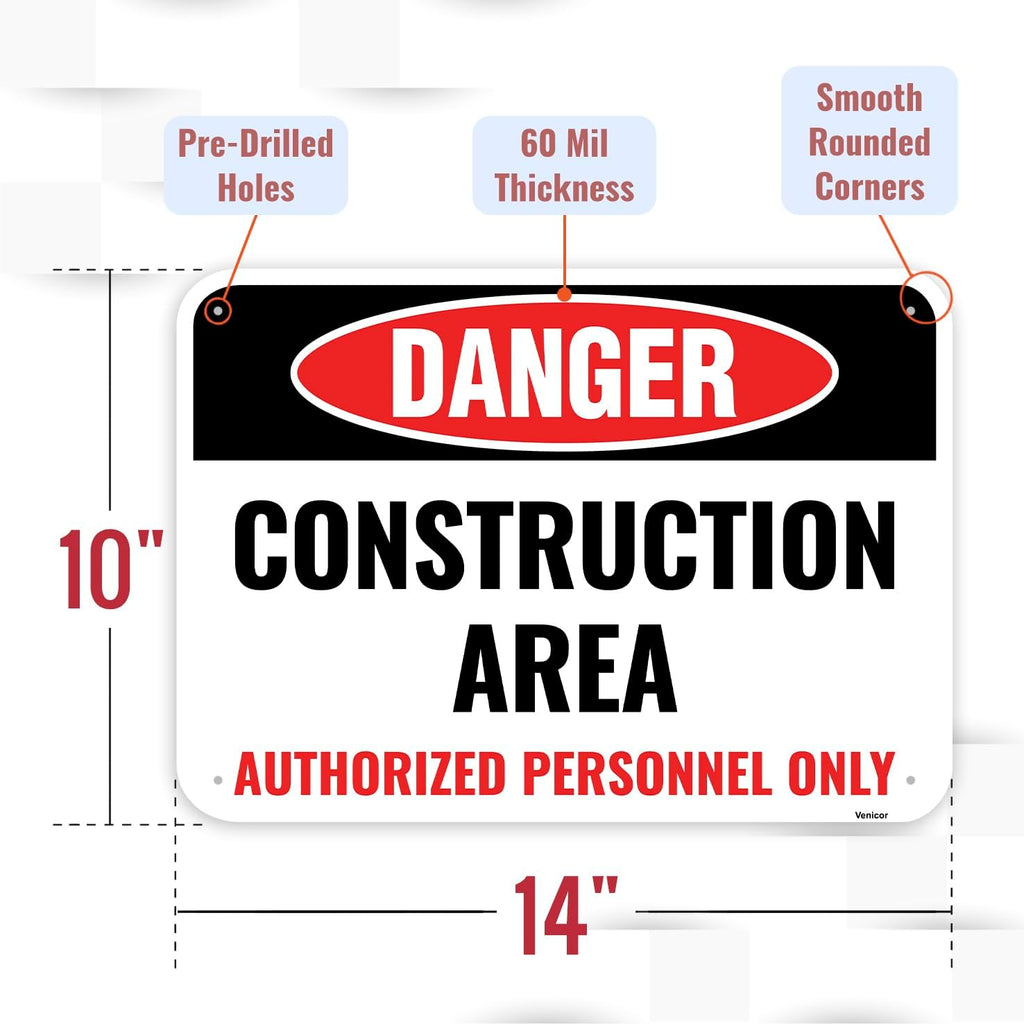 1PC Construction Signs, 14 x 10 Inches - Aluminum - Danger Area Under Construction Safety Site Signs For Jobsites - Authorized Personnel Only